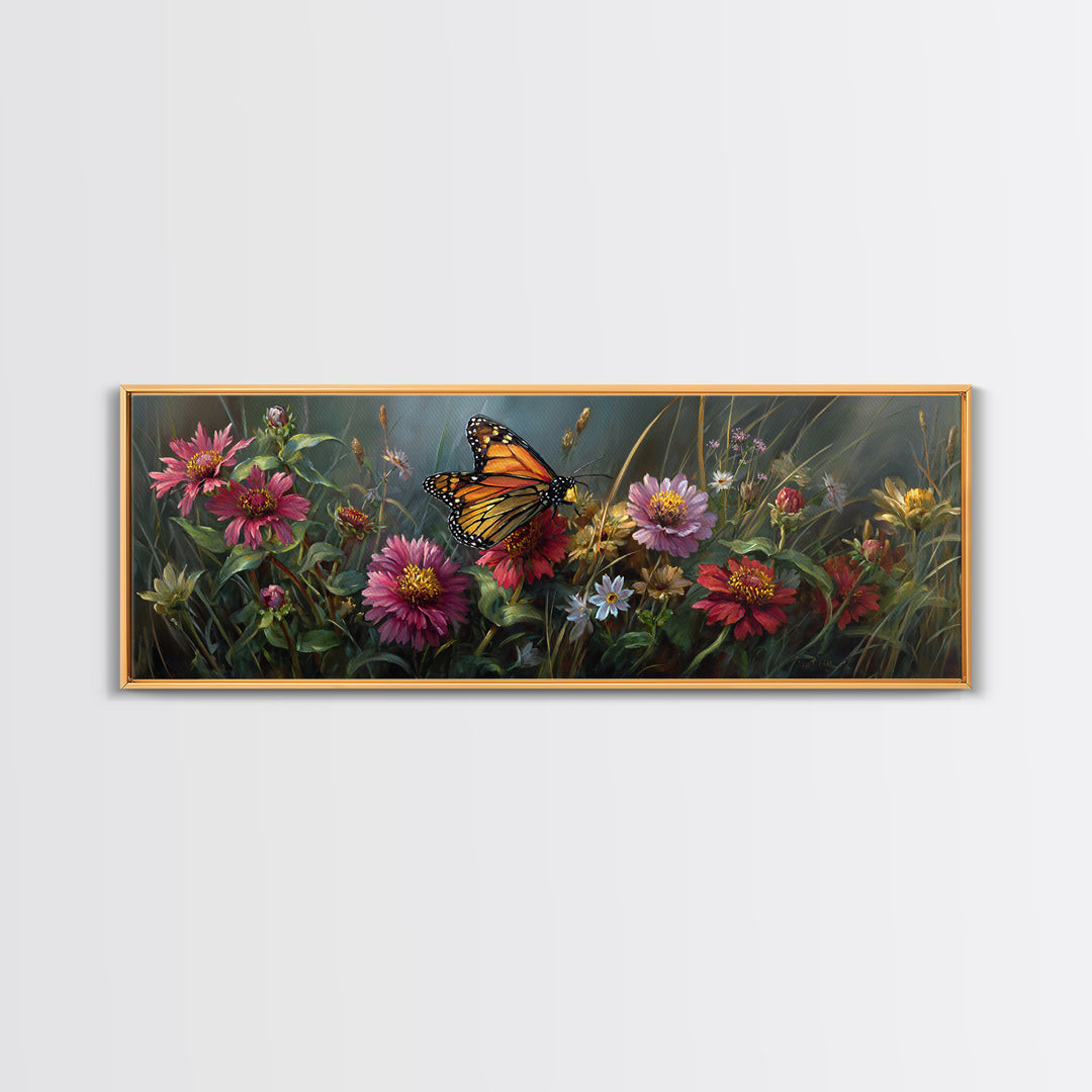 Butterfly Garden with Zinnias and Daisies Framed Canvas Print, Patio Art, Outdoor Wall Art, Patio Decor, Fine Art, Outdoor, PAT-3x1-5