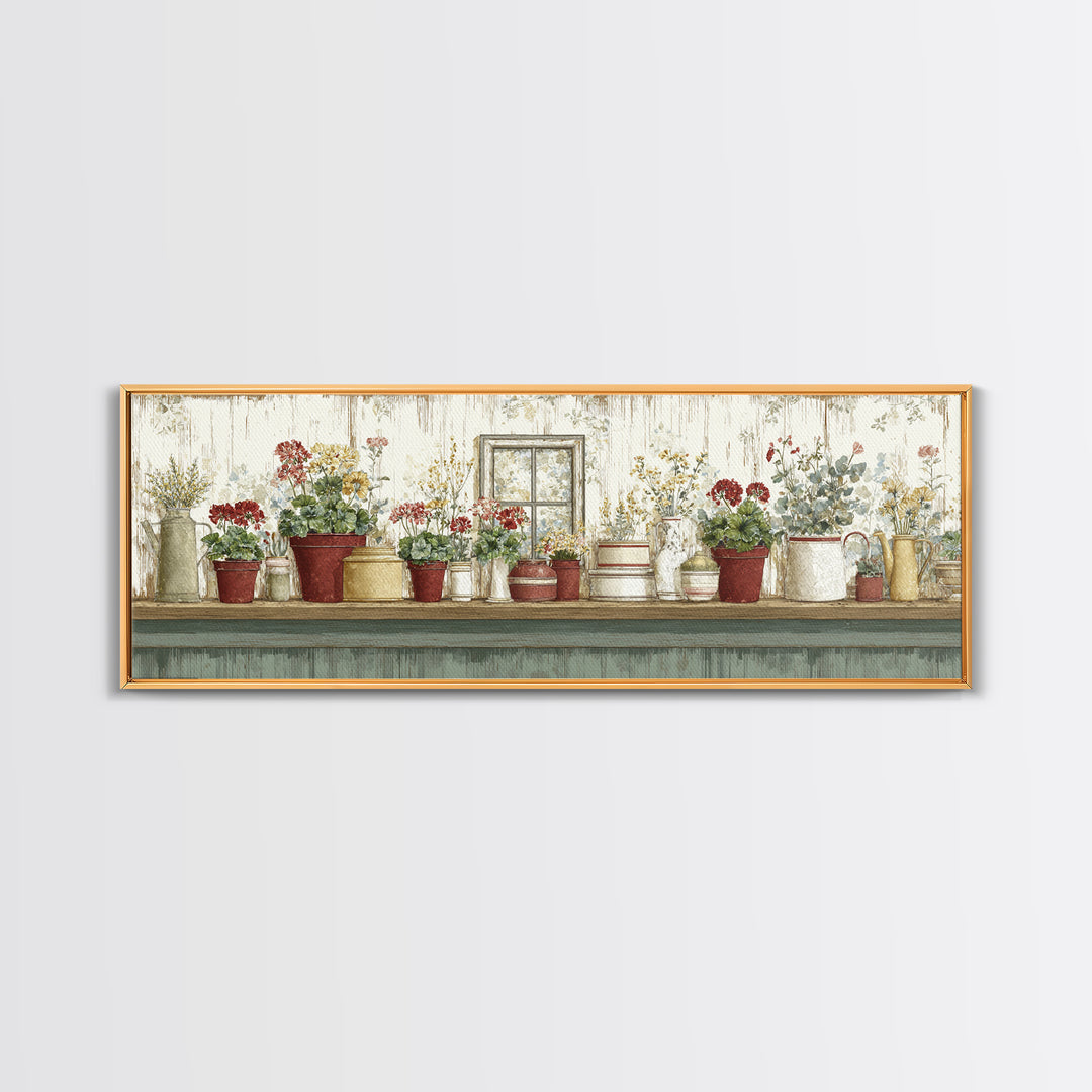 Potted Geraniums in Rustic Clay Pots Canvas Print, Patio Art, Lake House Decor, Patio Decor, Fine Art, Outdoor, Boho Decor, PAT-3x1-54