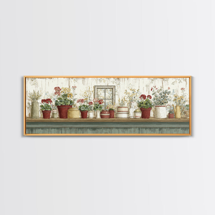 Potted Geraniums in Rustic Clay Pots Canvas Print, Patio Art, Lake House Decor, Patio Decor, Fine Art, Outdoor, Boho Decor, PAT-3x1-54