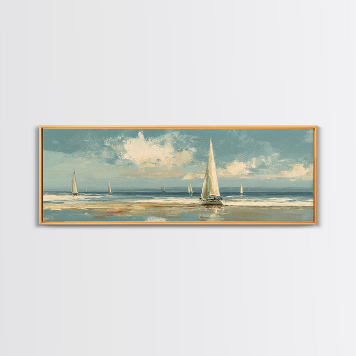 Sailboat on a Breezy Summer Horizon Framed Canvas Print, Patio Art, Contemporary Art, Patio Decor, Oil Painting, Outdoor, PAT-3x1-55