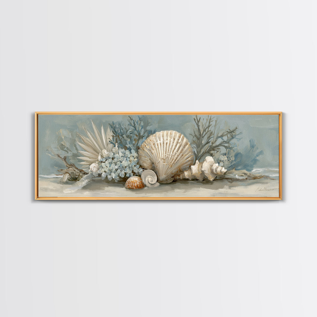 Beachy Shell and Palm Arrangement Framed Canvas Print, Patio Art, Wall Art, Patio Decor, Fine Art, Outdoor, Outdoor Wall Decor, PAT-3x1-59