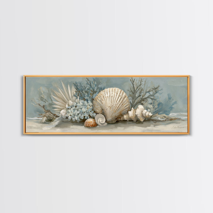 Beachy Shell and Palm Arrangement Framed Canvas Print, Patio Art, Wall Art, Patio Decor, Fine Art, Outdoor, Outdoor Wall Decor, PAT-3x1-59