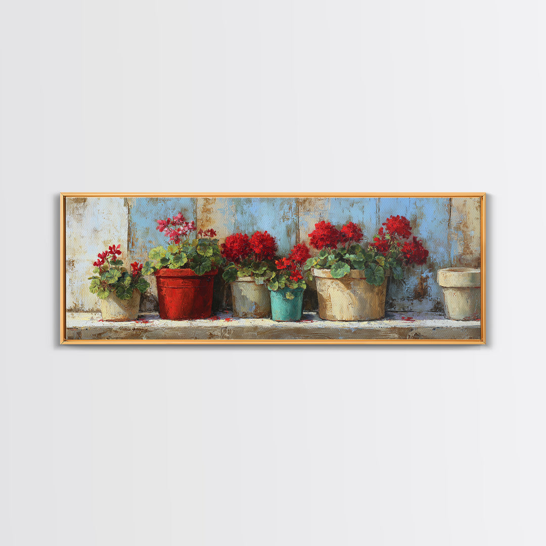 Potted Geraniums in Rustic Clay Pots Canvas Print, Patio Art, Porch Decor, Patio Decor, Fine Art, Outdoor, Fine Art Print, PAT-3x1-6