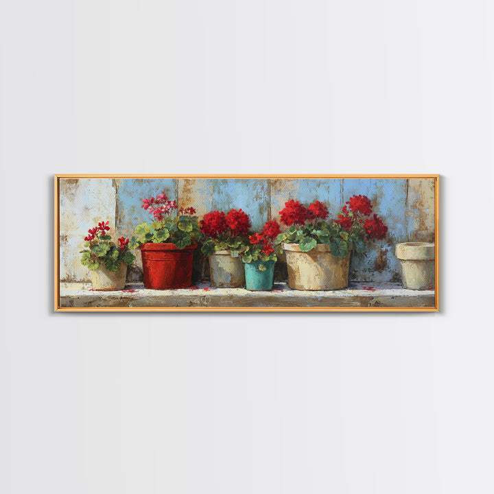 Potted Geraniums in Rustic Clay Pots Canvas Print, Patio Art, Porch Decor, Patio Decor, Fine Art, Outdoor, Fine Art Print, PAT-3x1-6