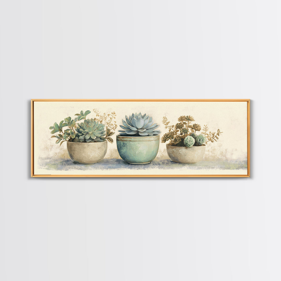 Succulent Collection in Ceramic Planters Canvas Print, Patio Art, Floral Art, Patio Decor, Oil Painting, Outdoor, PAT-3x1-61