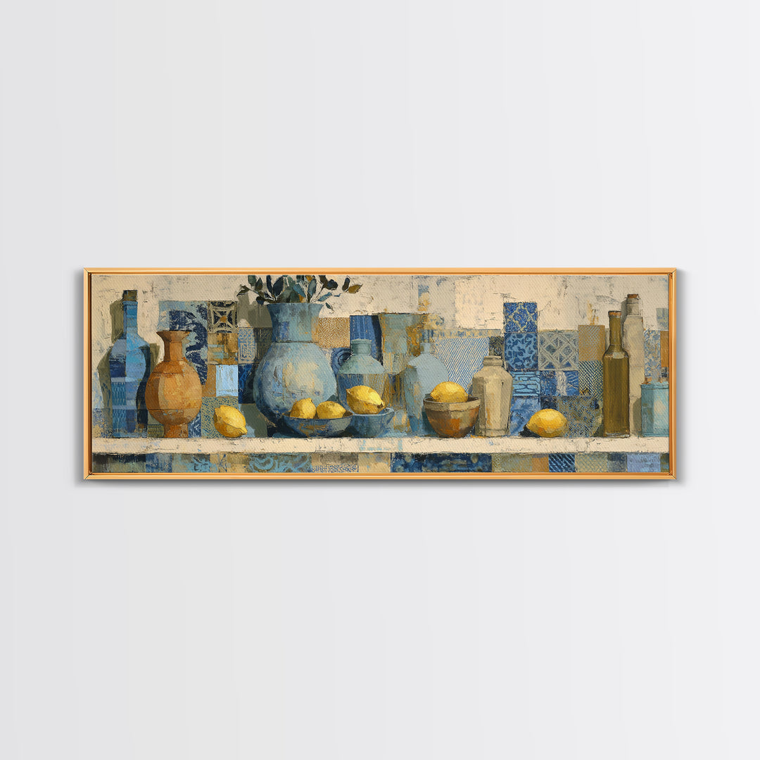 Mediterranean Lemons and Blue Tile Pattern Canvas Print, Patio Art, Coastal Decor, Patio Decor, Outdoor, Family Wall Art, PAT-3x1-66