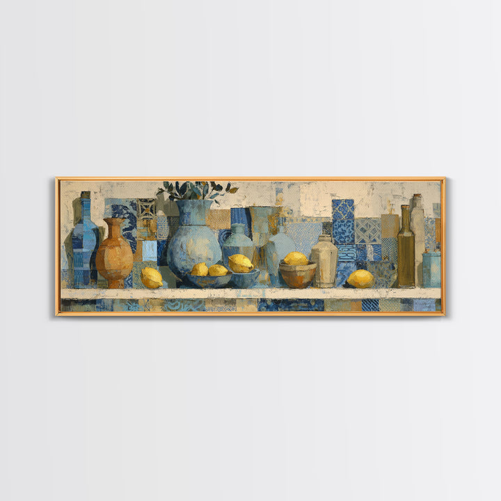 Mediterranean Lemons and Blue Tile Pattern Canvas Print, Patio Art, Coastal Decor, Patio Decor, Outdoor, Family Wall Art, PAT-3x1-66