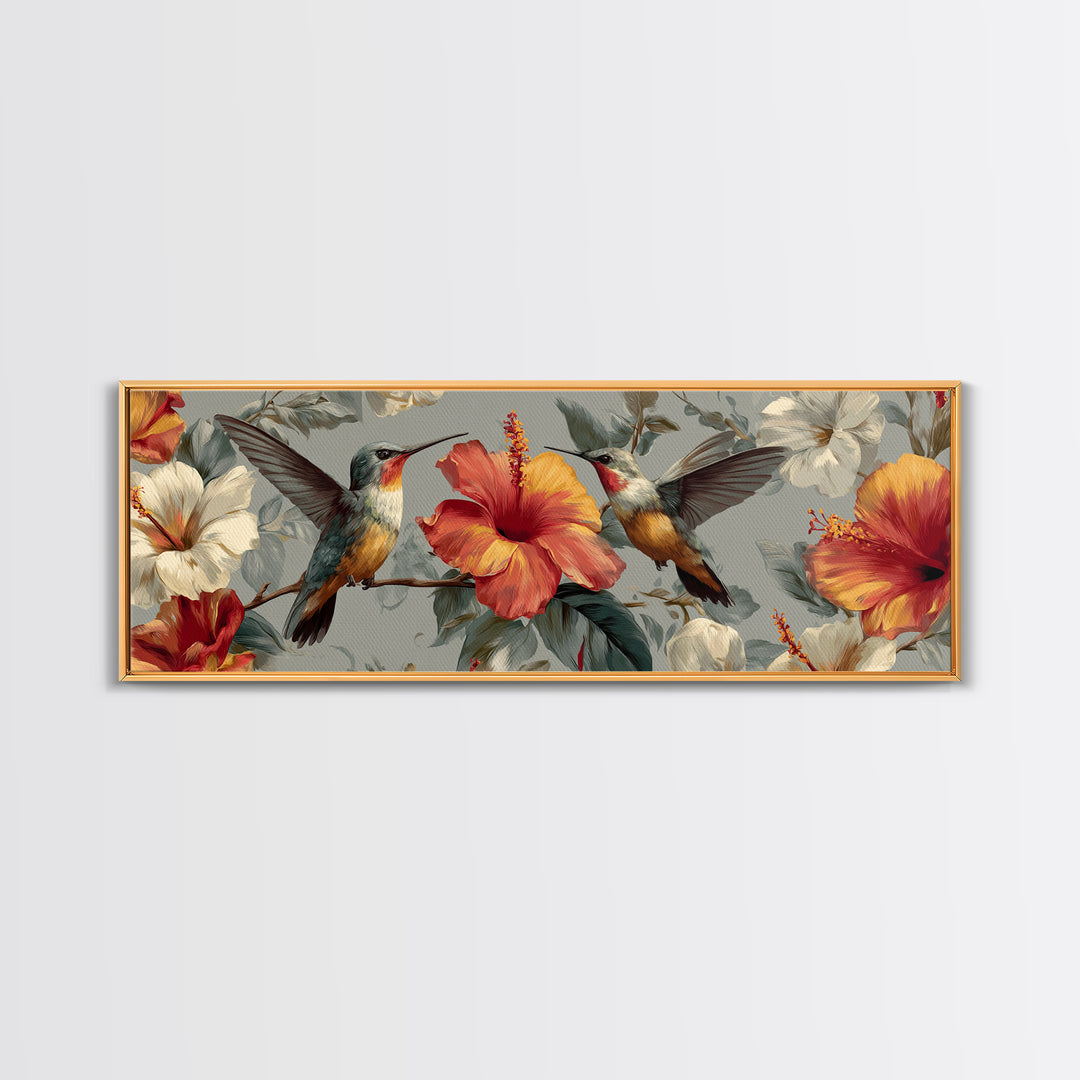 Hummingbird Visiting Bright Hibiscus Framed Canvas Print, Patio Art, Garden Art, Patio Decor, Abstract Art, Outdoor, PAT-3x1-67