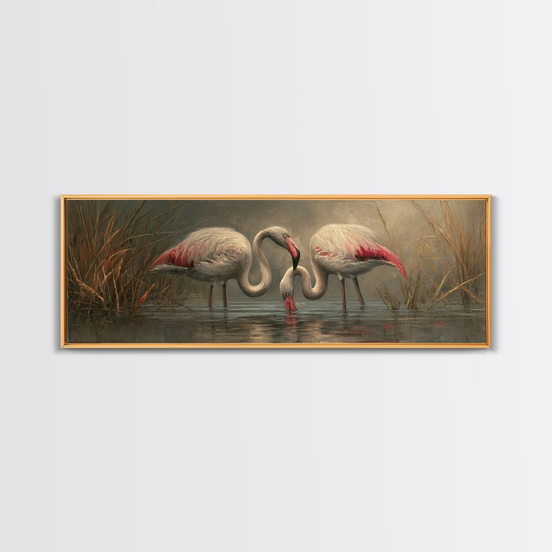 Flamingo Pair Beside Shallow Water Framed Canvas Print, Patio Art, Bar Art, Patio Decor, Oil Painting, Outdoor, Outdoor Art, PAT-3x1-74