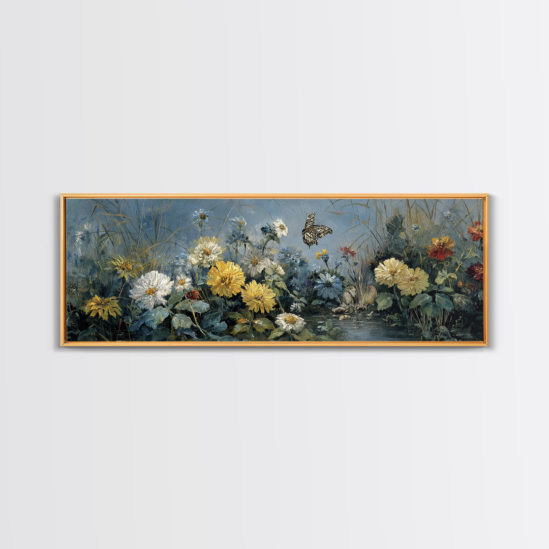 Butterfly Garden with Zinnias and Daisies Framed Canvas Print, Patio Art, Beach House Decor, Patio Decor, Oil Painting, Outdoor, PAT-3x1-77