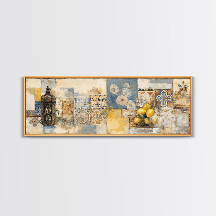Mediterranean Lemons and Blue Tile Pattern Framed Canvas Print, Patio Art, Beach House Decor, Patio Decor, Fine Art, Outdoor, PAT-3x1-90