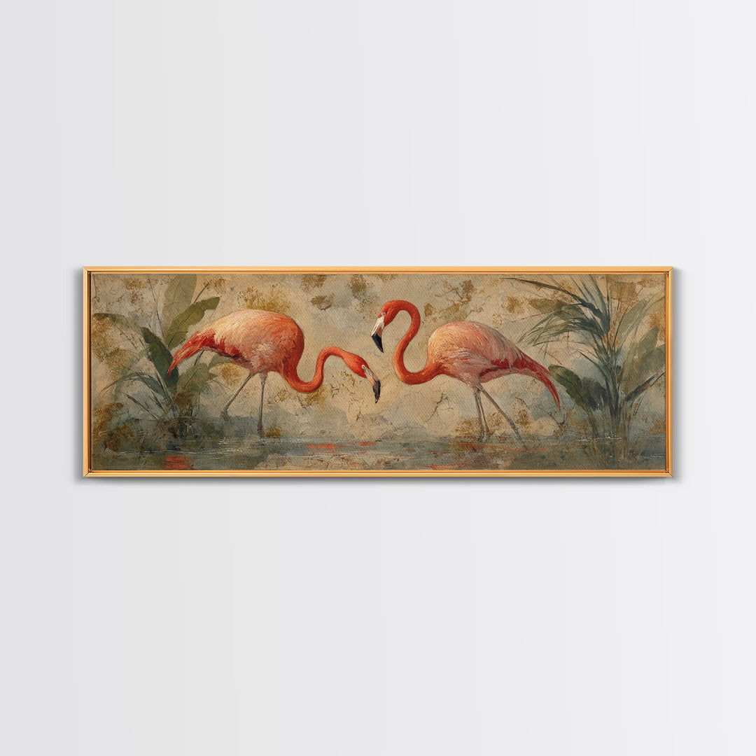 Flamingo Pair Beside Shallow Water Canvas Print, Patio Art, Floral Art, Patio Decor, Fine Art, Outdoor, Statement Artwork, PAT-3x1-98