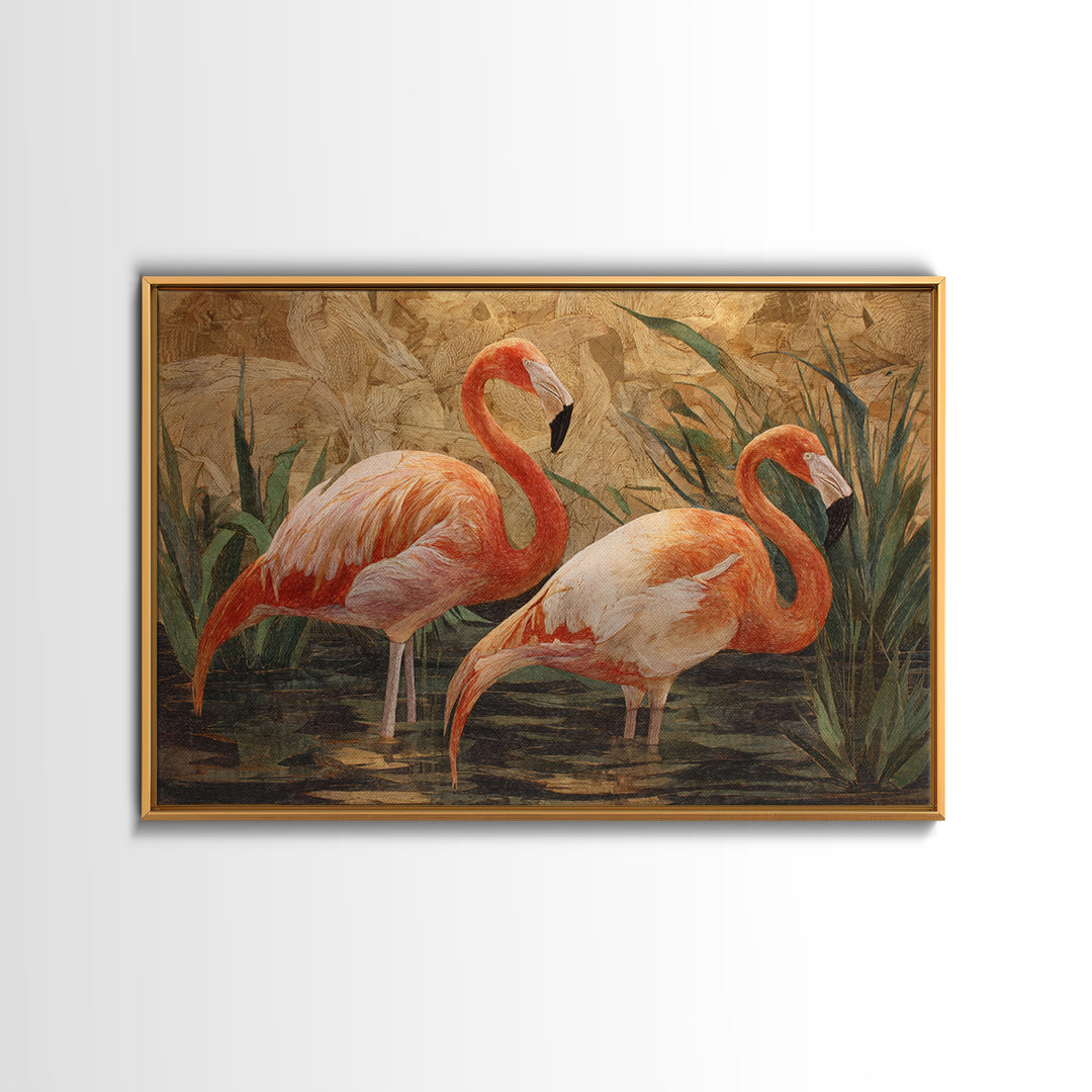 Flamingo Pair Beside Shallow Water Framed Canvas Print, Patio Art, Garden Decor, Patio Decor, Fine Art, Outdoor, Beach Art, PAT-3x2-14