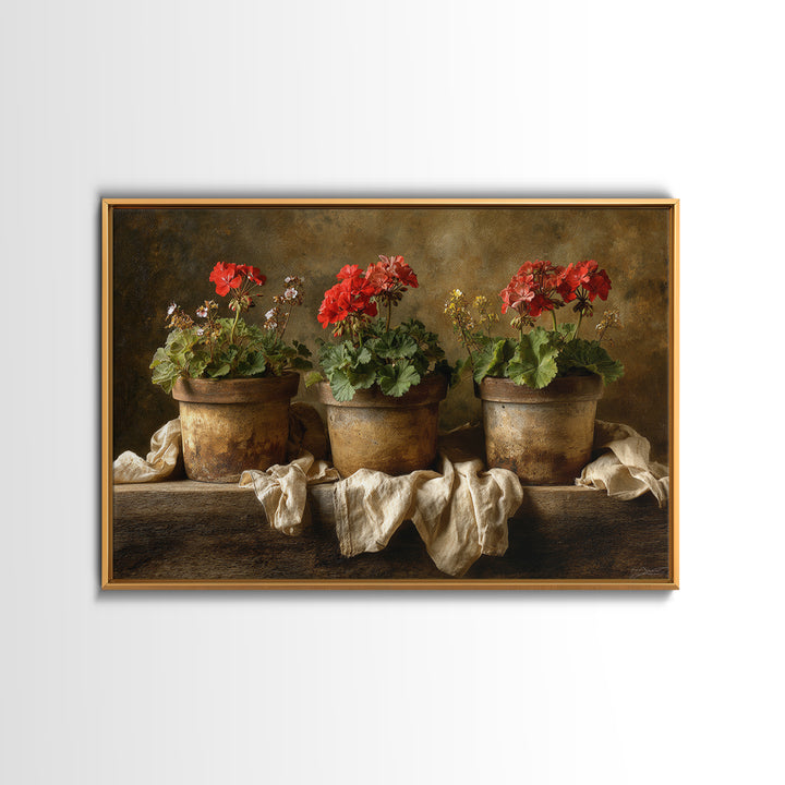 Potted Geraniums in Rustic Clay Pots Framed Canvas Print, Patio Art, Garden Art, Patio Decor, Outdoor, Beach House Decor, PAT-3x2-18