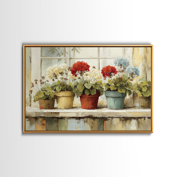 Potted Geraniums in Rustic Clay Pots Canvas Print, Patio Art, Floral Wall Art, Patio Decor, Fine Art, Outdoor, Mixed Media Art, PAT-3x2-42