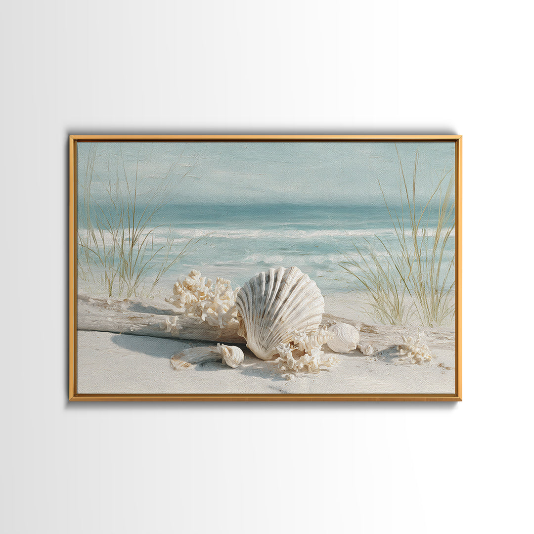 Beachy Shell and Palm Arrangement Framed Canvas Print, Patio Art, Room Decor, Patio Decor, Oil Painting, Outdoor, Garden Art, PAT-3x2-47