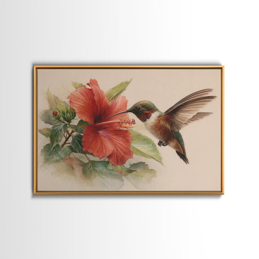 Hummingbird Visiting Bright Hibiscus Framed Canvas Print, Patio Art, Decor, Patio Decor, Oil Painting, Outdoor, PAT-3x2-55