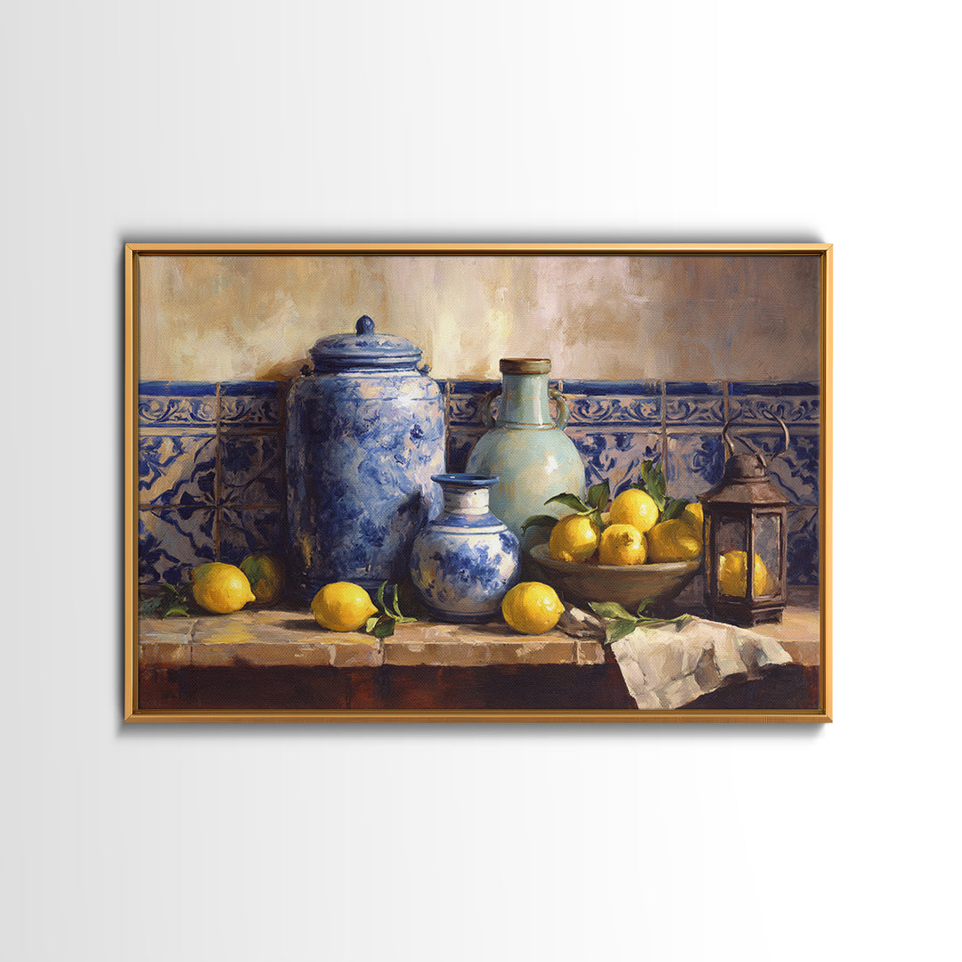 Mediterranean Lemons and Blue Tile Pattern Framed Canvas Print, Patio Art, Yard Art, Patio Decor, Outdoor, Lake House Decor, PAT-3x2-6
