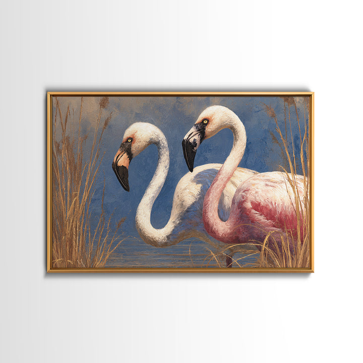 Flamingo Pair Beside Shallow Water Canvas Print, Patio Art, Outdoor Wall Decor, Patio Decor, Fine Art, Outdoor, Yard Decor, PAT-3x2-62