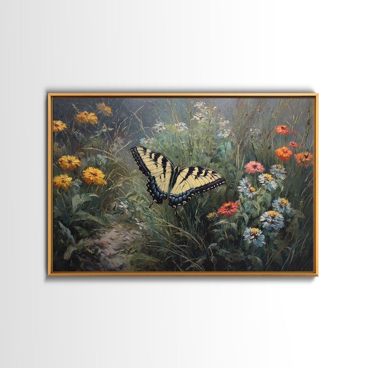 Butterfly Garden with Zinnias and Daisies Framed Canvas Print, Patio Art, Floral Art, Patio Decor, Fine Art, Outdoor, PAT-3x2-65