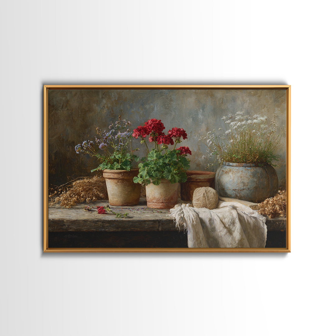 Potted Geraniums in Rustic Clay Pots Canvas Print, Patio Art, Floral Wall Art, Patio Decor, Fine Art, Outdoor, Mixed Media Art, PAT-3x2-66
