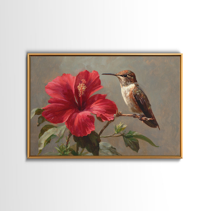 Hummingbird Visiting Bright Hibiscus Framed Canvas Print, Patio Art, Patio Decor, Abstract Art, Outdoor, Floral Wall Art, PAT-3x2-7