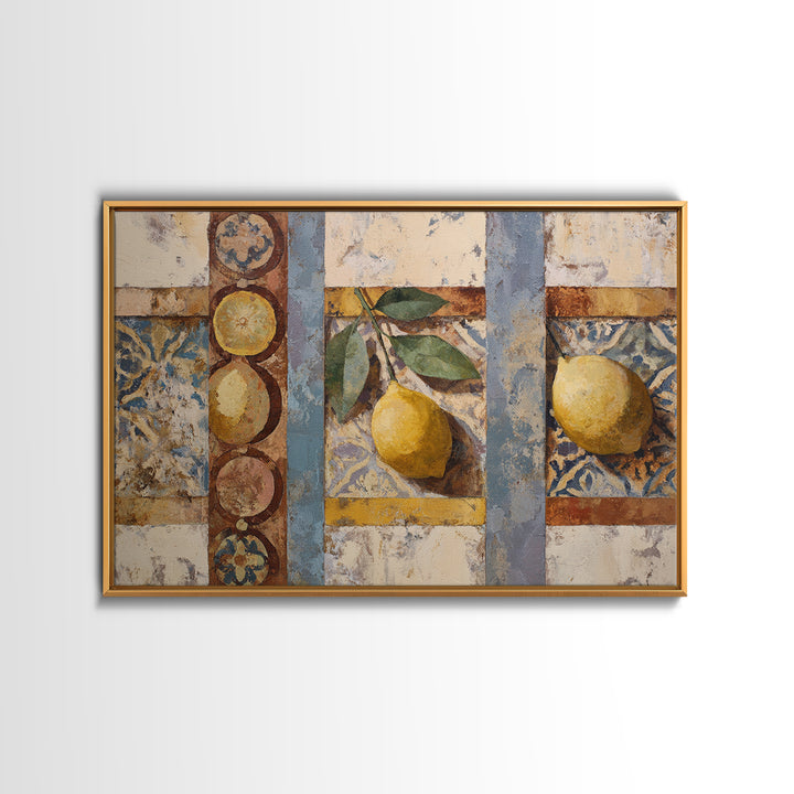 Mediterranean Lemons and Blue Tile Pattern Framed Canvas Print, Patio Art, Floral Art, Patio Decor, Fine Art, Outdoor, PAT-3x2-78