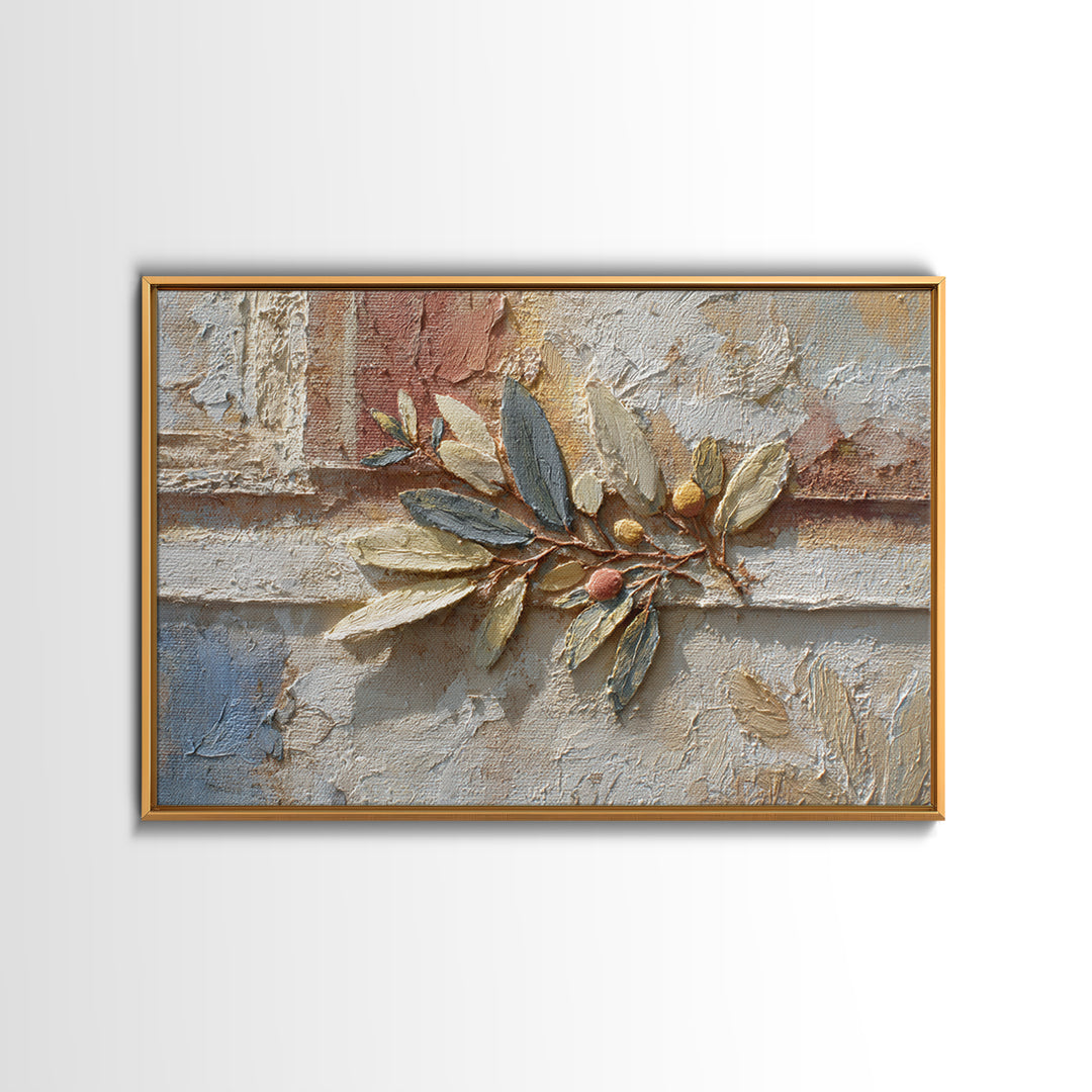 Olive Branch Wreath on Warm Plaster Framed Canvas Print, Patio Art, Family Wall Art, Patio Decor, Fine Art, Outdoor, Room Decor, PAT-3x2-85
