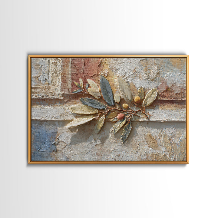 Olive Branch Wreath on Warm Plaster Framed Canvas Print, Patio Art, Family Wall Art, Patio Decor, Fine Art, Outdoor, Room Decor, PAT-3x2-85