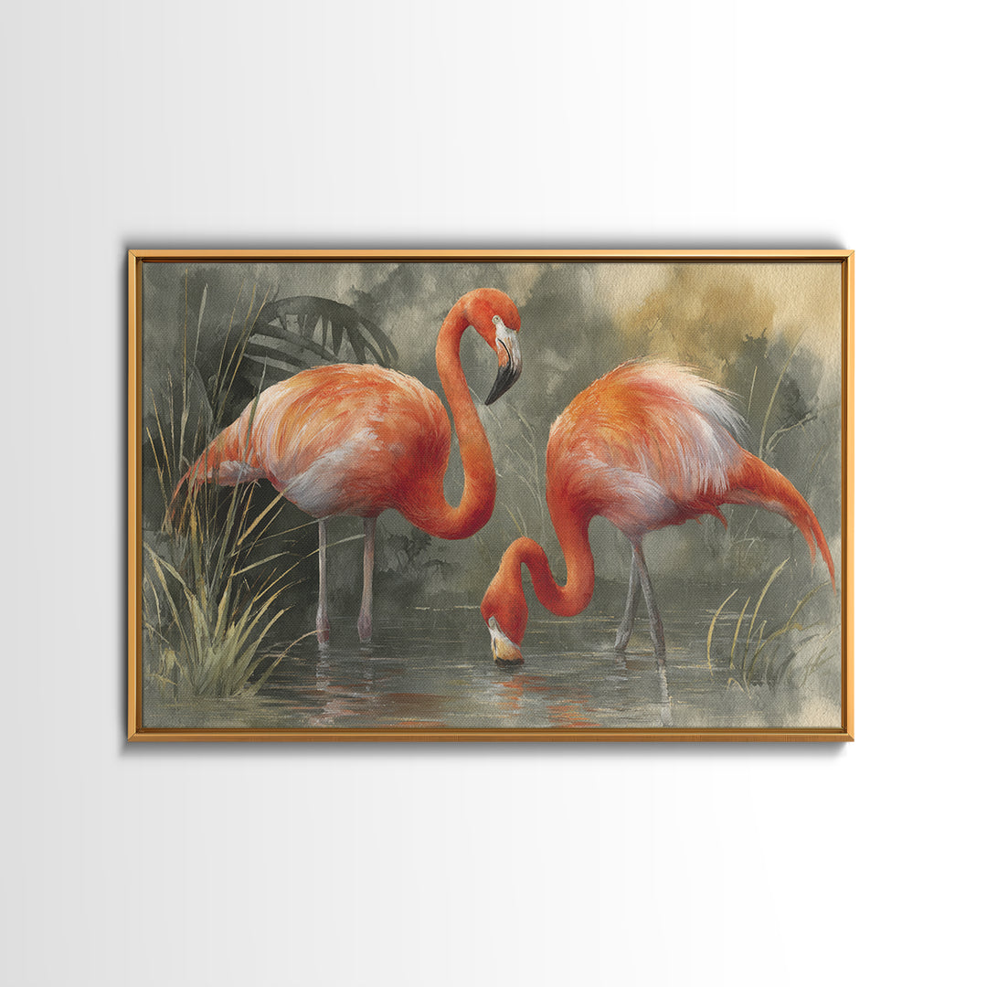 Flamingo Pair Beside Shallow Water Framed Canvas Print, Patio Art, Patio Decor, Fine Art, Outdoor, Gallery Decor, Neutral Decor, PAT-3x2-86