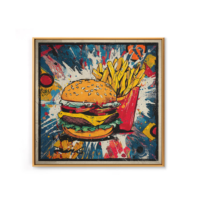 Hamburger and Fries Framed Canvas Print, Pop Art, Statement Artwork, Living Room Decor, Abstract Art, Pop, Wall Decor, POP-1x1-33