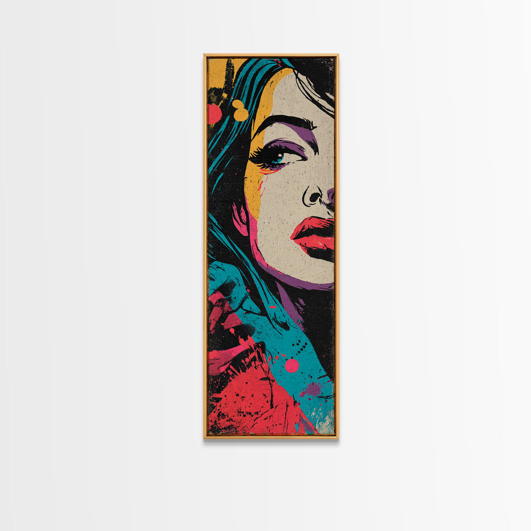 Neon Portrait with Thick Black Outlines Framed Canvas Print, Pop Art, Original Painting, Living Room Decor, Fine Art, Pop, POP-1x3-64