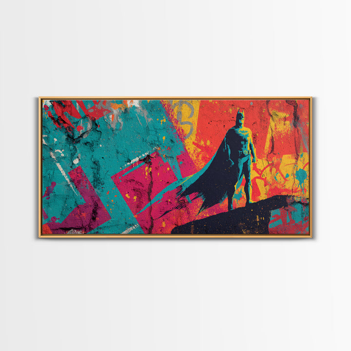Superhero Silhouette in Dynamic Color Fields Framed Canvas Print, Pop Art, Living Room Decor, Abstract Art, Pop, POP-2x1-35