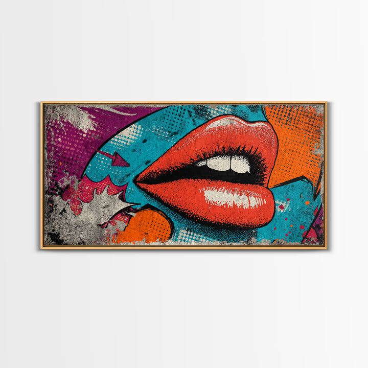 Bold Comic Lips Framed Canvas Print, Pop Art, Decor, Living Room Decor, Fine Art, Pop, Dopamine Decor, Mexican Art, Modern Art, POP-2x1-45