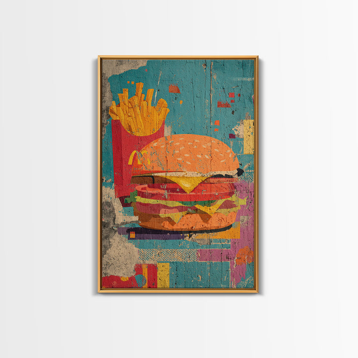 Hamburger and Fries Framed Canvas Print, Pop Art, Wall Decor, Living Room Decor, Abstract Art, Pop, Portrait, Apartment Decor, POP-2x3-17