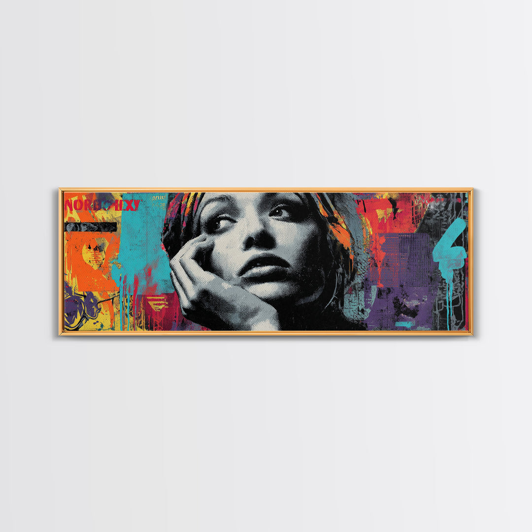 Neon Portrait with Thick Black Outlines Canvas Print, Pop Art, Painting, Living Room Decor, Fine Art, Pop, Apartment Decor, POP-3x1-92