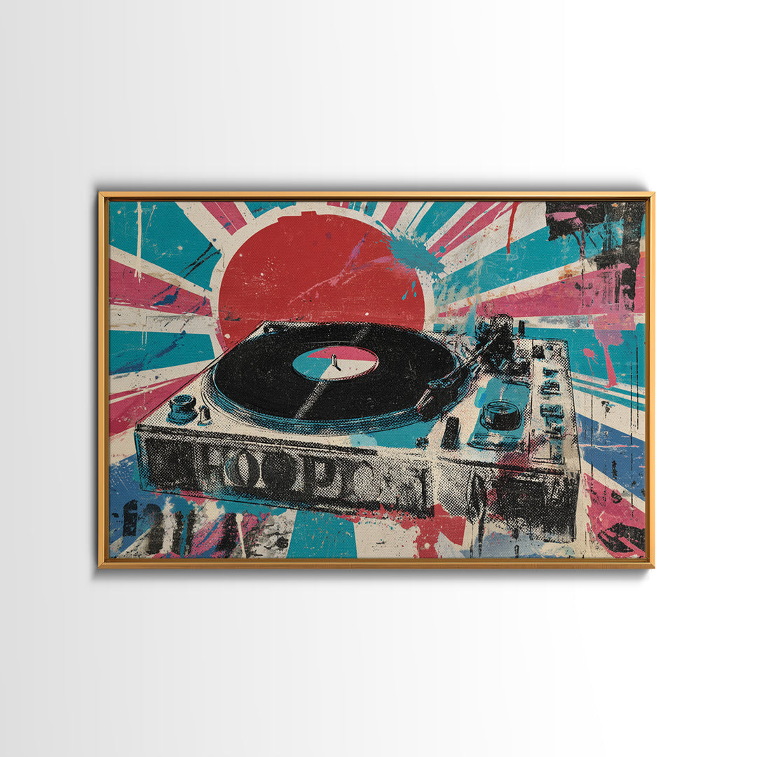 Record Player with Graphic Sound Rays Framed Canvas Print, Pop Art, Bedroom Decor, Living Room Decor, Oil Painting, Pop, POP-3x2-74