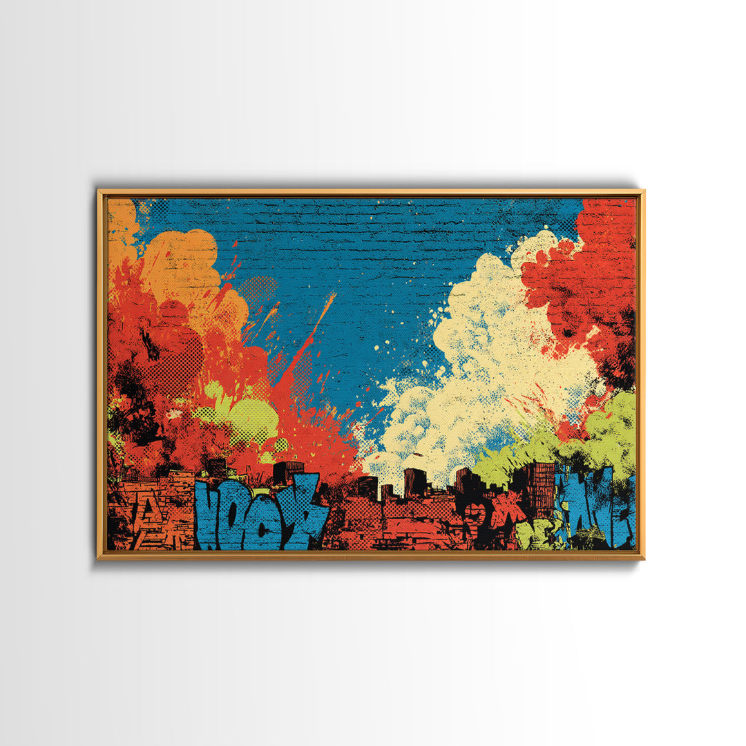 Comic Book City Skyline Framed Canvas Print, Pop Art, Football Wall Art, Living Room Decor, Abstract Art, Pop, Art Print, POP-3x2-81