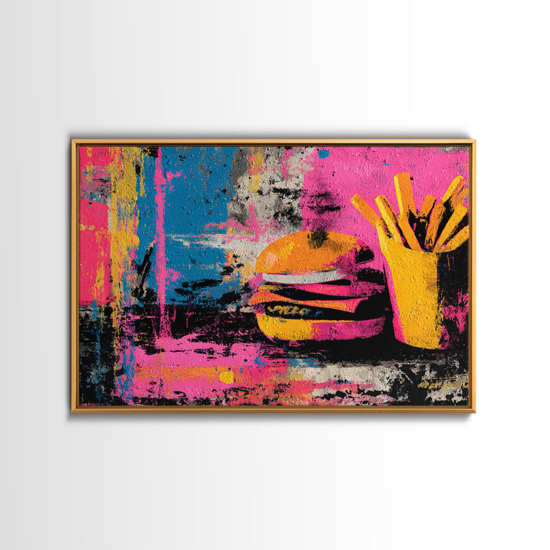 Hamburger and Fries Framed Canvas Print, Pop Art, Party Decor, Living Room Decor, Fine Art, Pop, Textured Painting, POP-3x2-85
