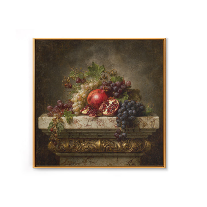 Pomegranate and Grapes on Marble Ledge Canvas Print, Renaissanceinspired Art, Celestial Decor, Living Room Decor, Classic, REN-1x1-17