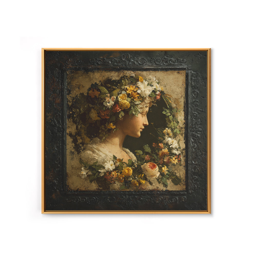 Floral Garland Surrounding a Classical Profile Canvas Print, Renaissanceinspired Art, Unique Wall Art, Living Room Decor, REN-1x1-22