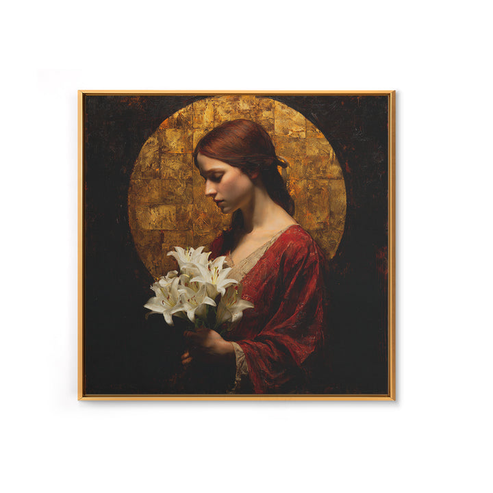 Saint Like Figure Holding White Lilies Framed Canvas Print, Renaissanceinspired Art, Floral Print, Living Room Decor, Classic, REN-1x1-37