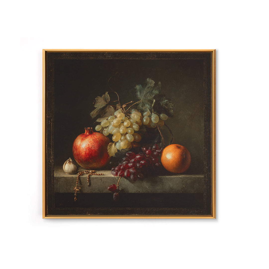 Oil Painted Fruit Still Life on Dark Canvas Print, Renaissanceinspired Art, Elegant Home Decor, Living Room Decor, Classic, REN-1x1-75