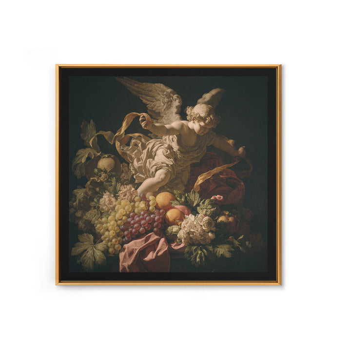 Cherub Holding a Ribbon Among Clouds Framed Canvas Print, Renaissanceinspired Art, Fantasy Decor, Living Room Decor, Classic, REN-1x1-78