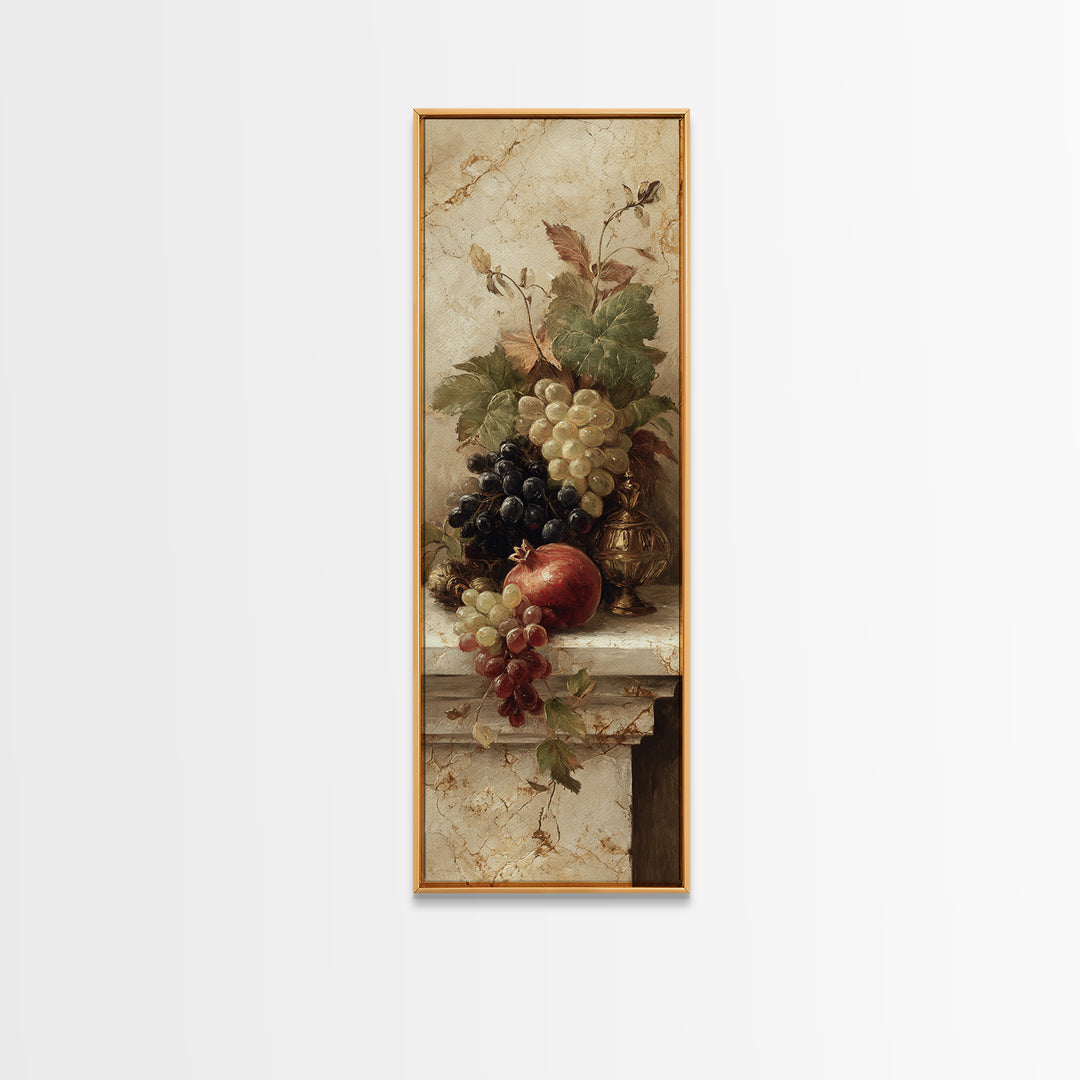 Pomegranate and Grapes on Marble Ledge Framed Canvas Print, Renaissanceinspired Art, Cat Painting, Living Room Decor, Classic, REN-1x3-29
