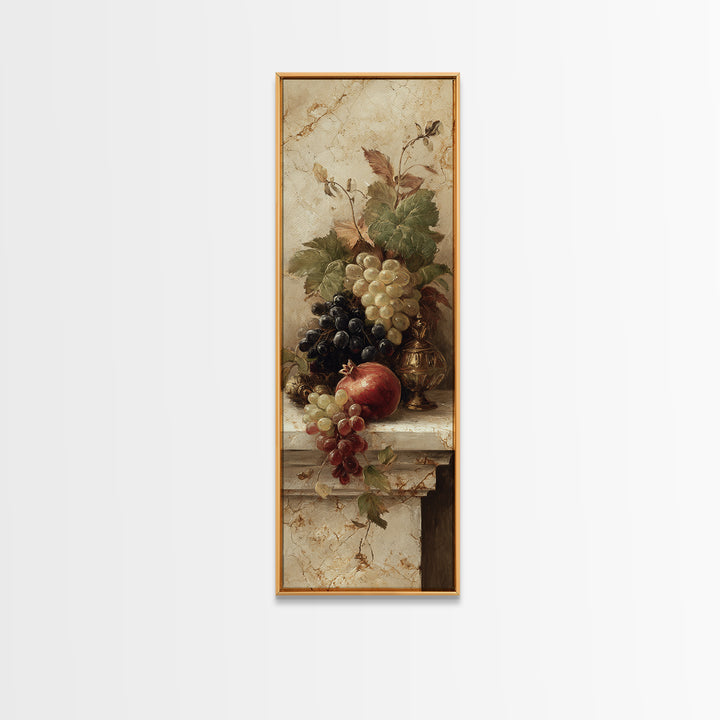 Pomegranate and Grapes on Marble Ledge Framed Canvas Print, Renaissanceinspired Art, Cat Painting, Living Room Decor, Classic, REN-1x3-29