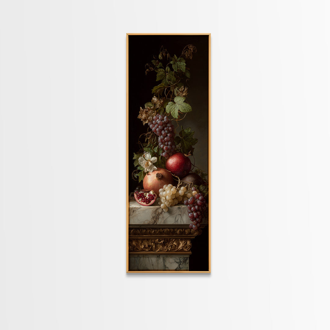 Pomegranate and Grapes on Marble Ledge Canvas Print, Renaissanceinspired Art, Celestial Decor, Living Room Decor, Classic, REN-1x3-5