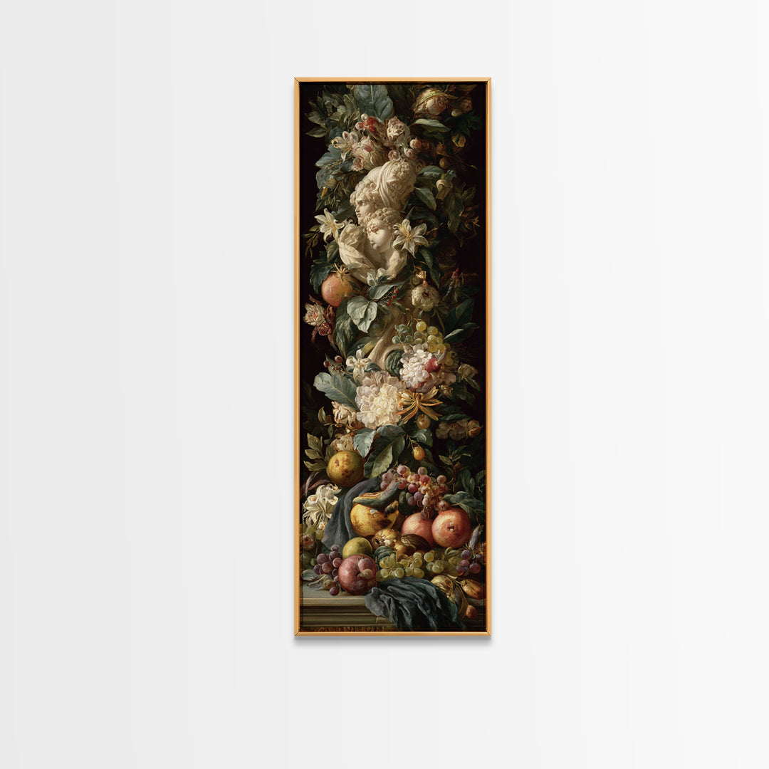 Floral Garland Surrounding a Classical Profile Canvas Print, Renaissanceinspired Art, Painting from Photo, Living Room Decor, REN-1x3-82