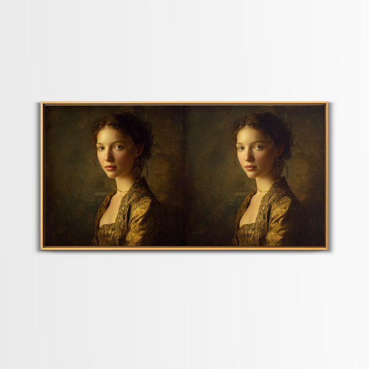 Gold Halo Portrait Framed Canvas Print, Renaissanceinspired Art, Neutral Decor, Living Room Decor, Fine Art, Classic, REN-2x1-1