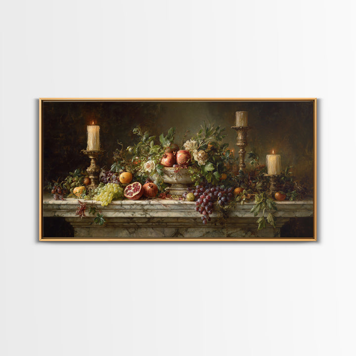 Pomegranate and Grapes on Marble Ledge Framed Canvas Print, Renaissanceinspired Art, Home Decor, Living Room Decor, Classic, REN-2x1-13